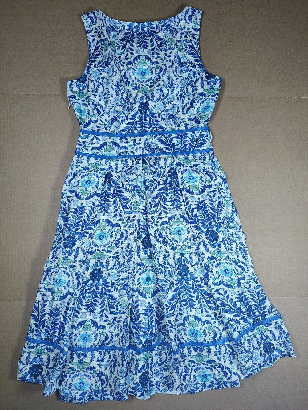 NWT Tory Burch Ramona Blue White Floral Silk Linen Fit & Flare Dress Retail 450$
